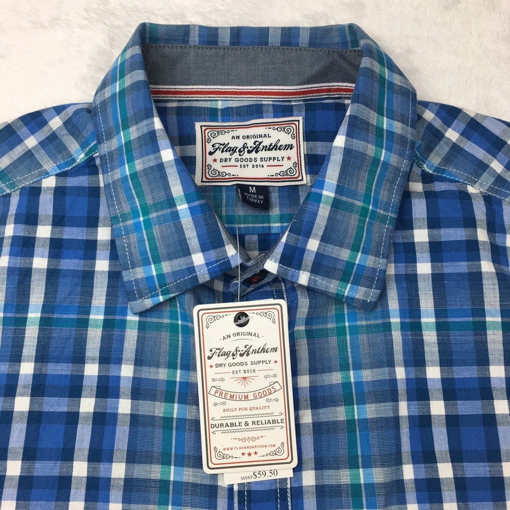 Flag & Anthem Shirt Men's Medium Blue Plaid Long Sleeve NWT!
